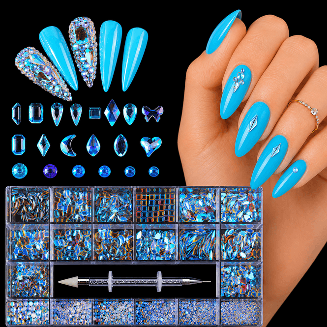 Hovedbilde Negledekor – Blå Holografiske Rhinestones med Applikator