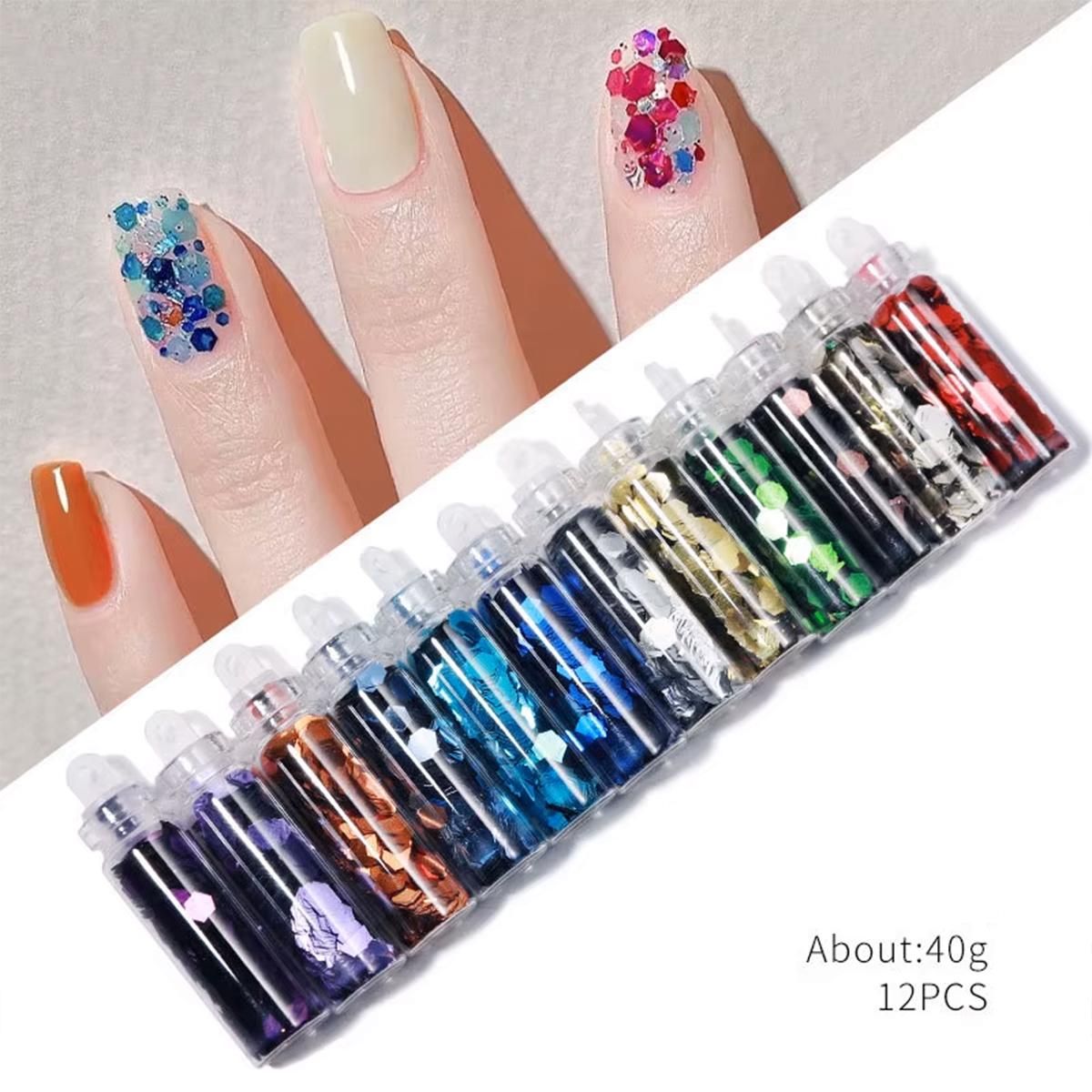 Glitterpulver-Sett – 12 Farger for Negledekorasjon